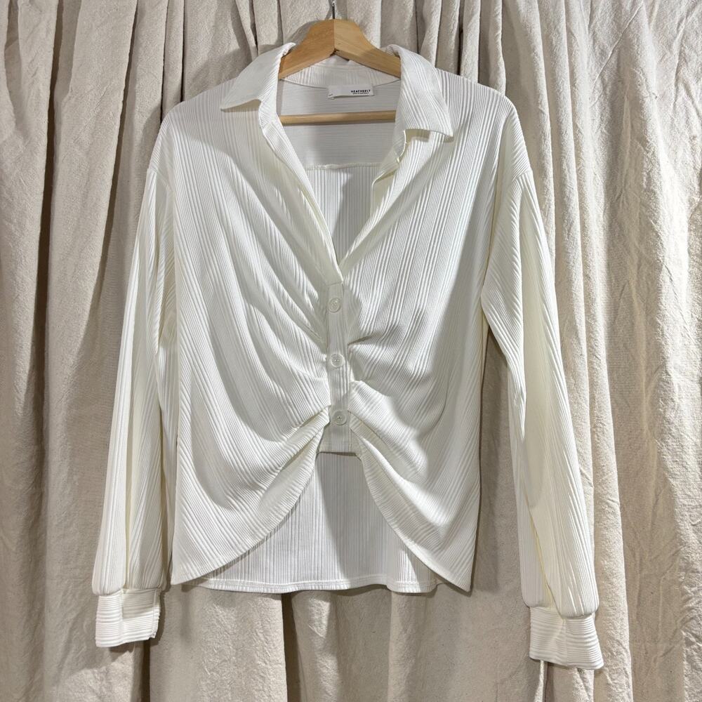 Heatherly Ribbed Ruched Button-Front Collared Top Ivory Small